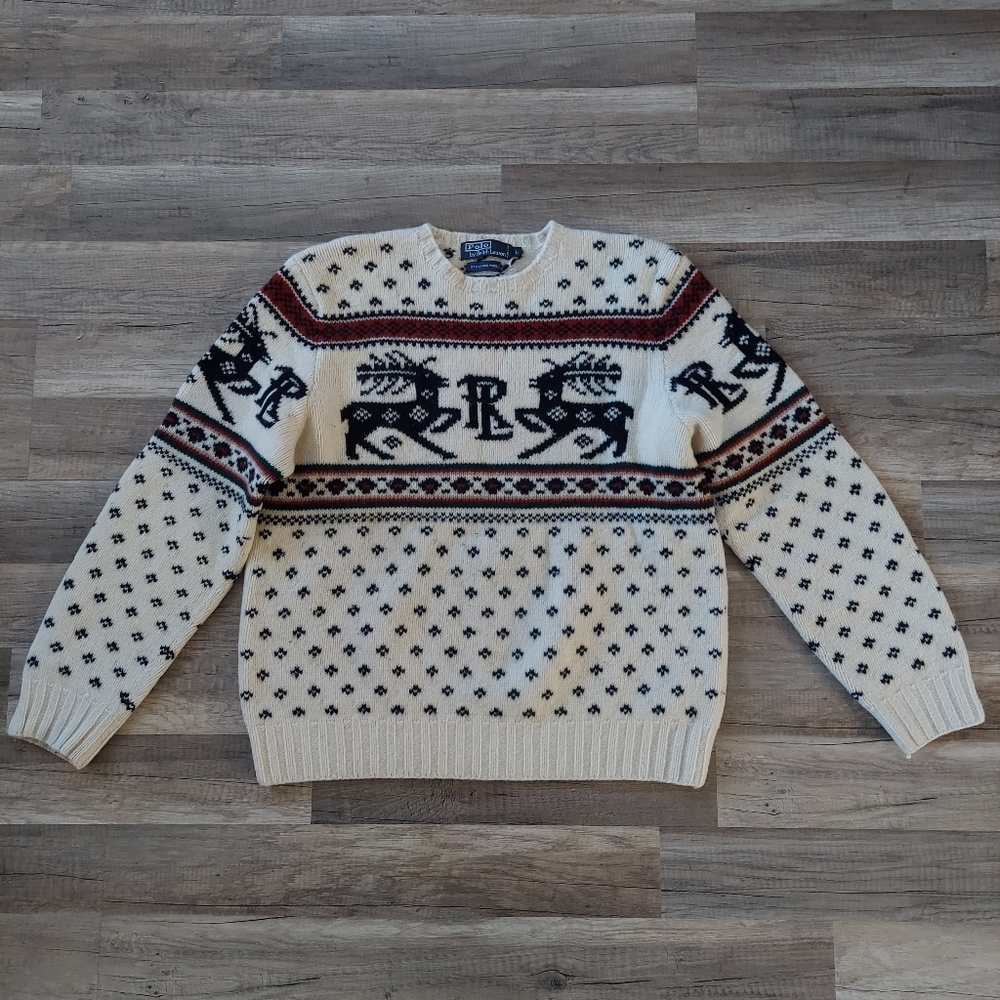 SOLD Vintage Polo Ralph Lauren Reindeer Holiday Ski Sweater Large - Picture 2 of 9